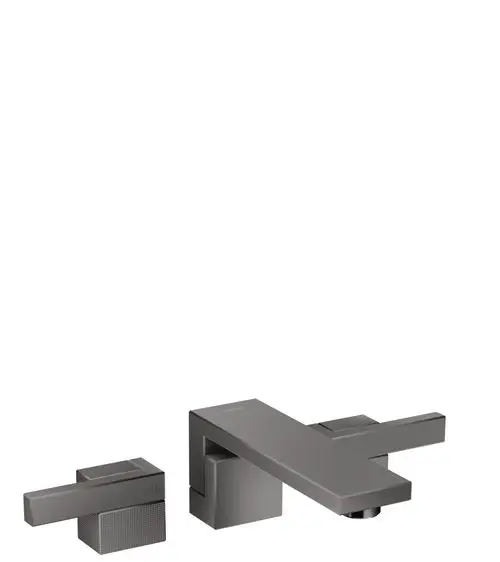 AXOR Waschtischarmatur mit drei Komponenten, darunter Hebel für Warm- und Kaltwasser sowie Auslauf, in schwarzem Chrom-Finish und minimalistischer Bauweise.